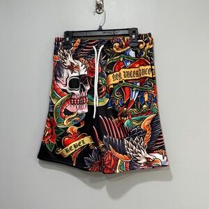 Rebel Vengeance Mens Black Skull Eagle Tattoo Print Athletic Shorts Size S